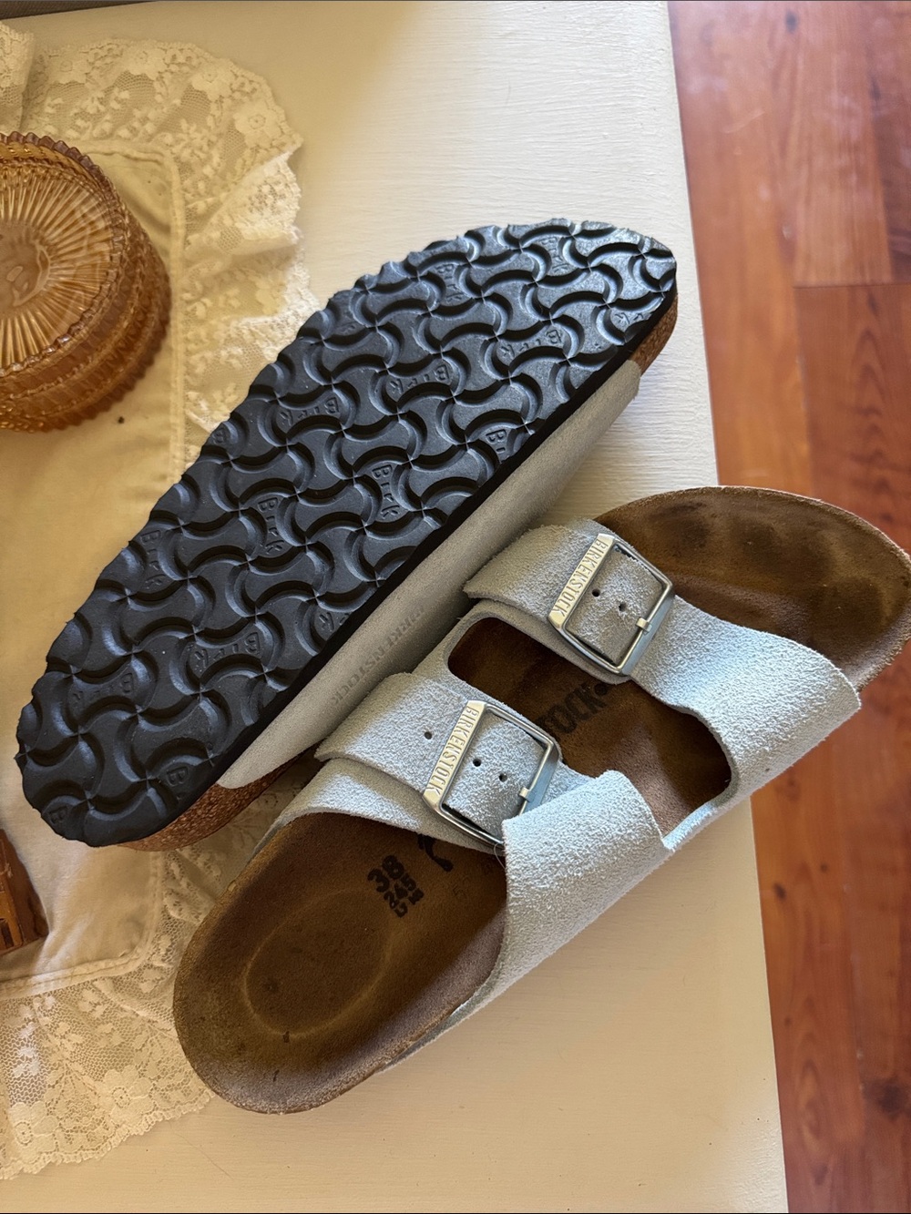Birkenstock Arizona Suede Two-Strap Sandals in Pale Blue